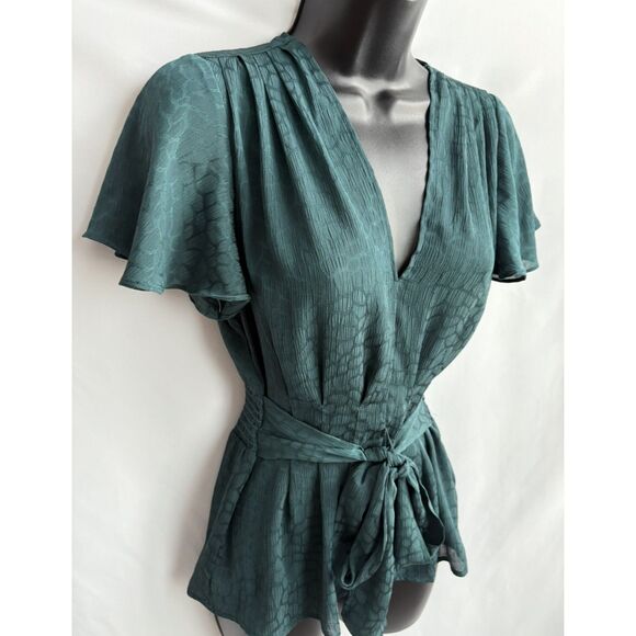 Max Studio Women's Flutter Sleeve Waist Tie Blouse Teal Blue Size XS Classy Date - Picture 5 of 10